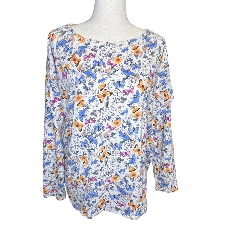 J Jill Butterfly Floral Top Womens L White Blue Orange Cotton Slub Boat Neck Tee